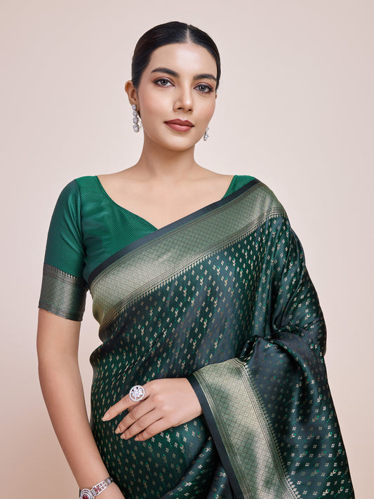 Dark Green Banarasi Satin Silk Zari Woven Luxurious Saree