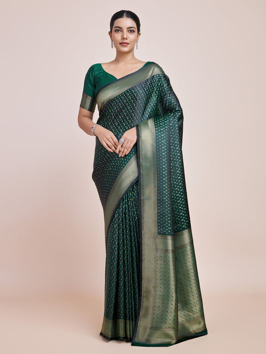 Dark Green Banarasi Satin Silk Zari Woven Luxurious Saree