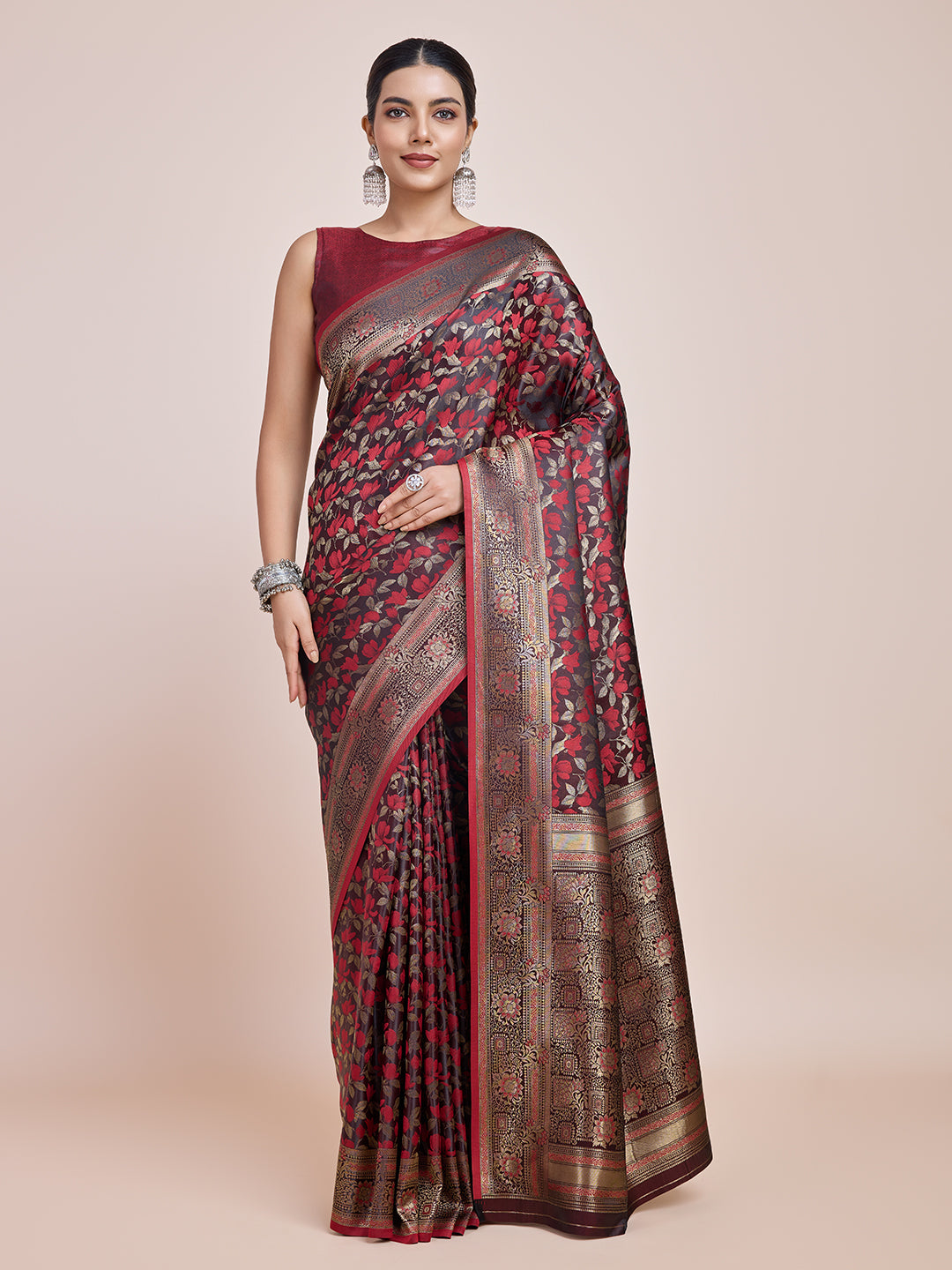 Maroon Banarasi Satin Silk Woven Traditional Saree