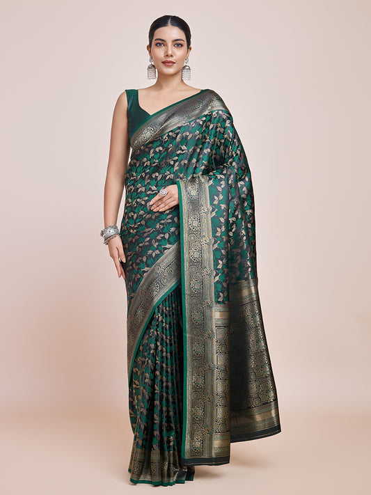 Dark Green Banarasi Satin Silk Woven Traditional Saree