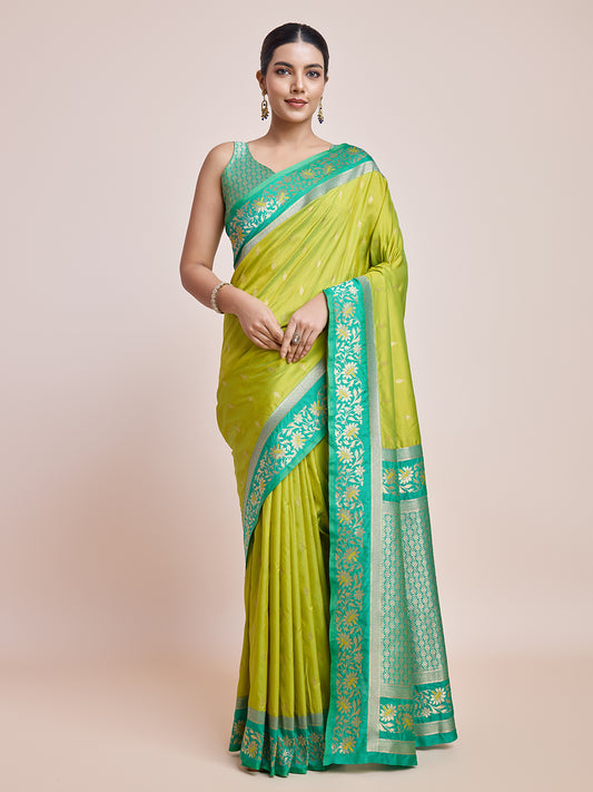 Lemon Green Banarasi Satin Silk Woven Classic Saree