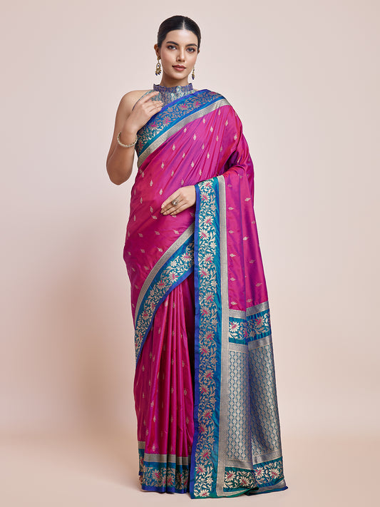 Cyan Banarasi Satin Silk Woven Classic Saree - Monjolika Fashion