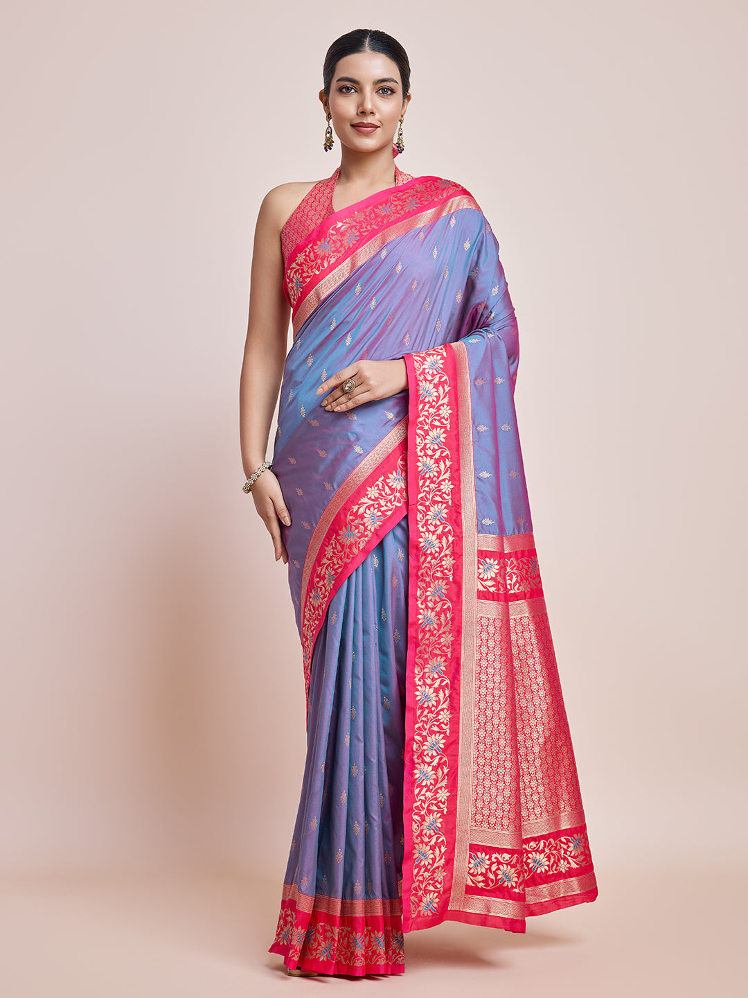 Cyan Banarasi Satin Silk Woven Classic Saree - Monjolika Fashion