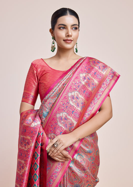 Pink Dharmavaram Silk Woven Work Stunning Saree