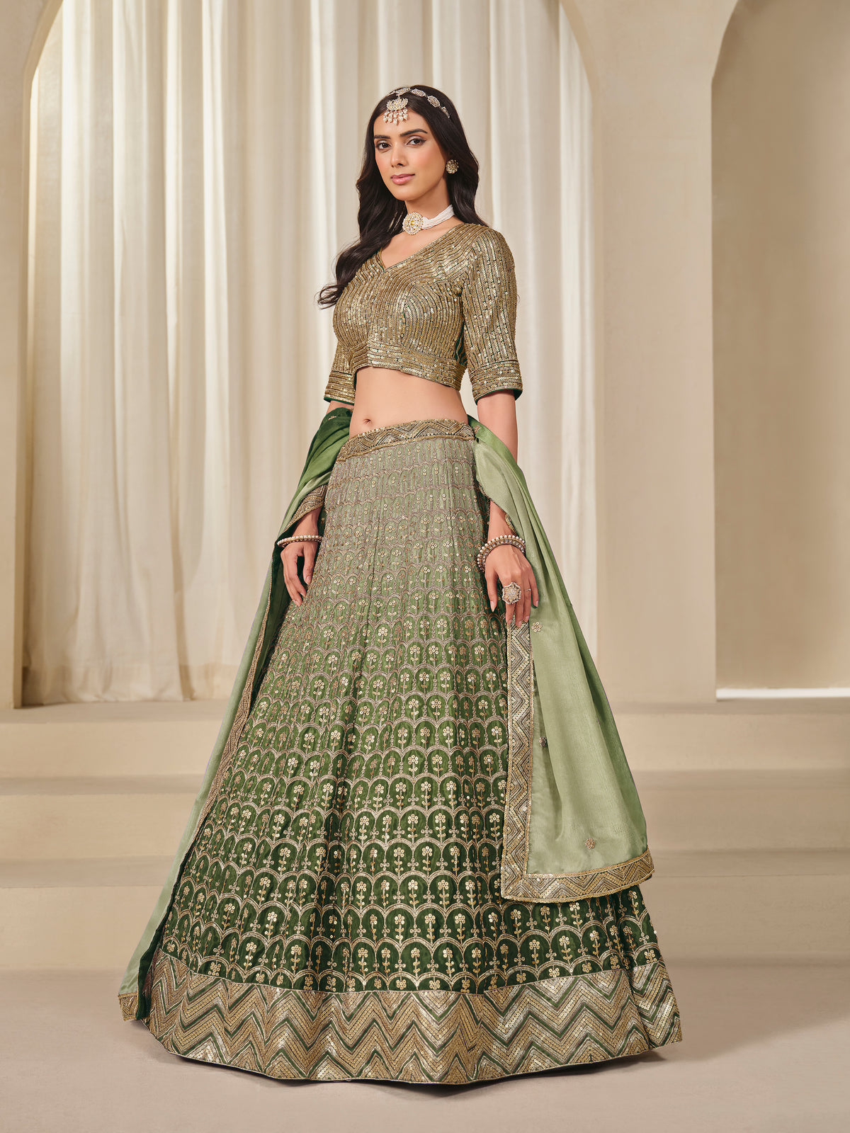 Olive Green Chinon Silk Sequins and Zari Work Lehenga Choli