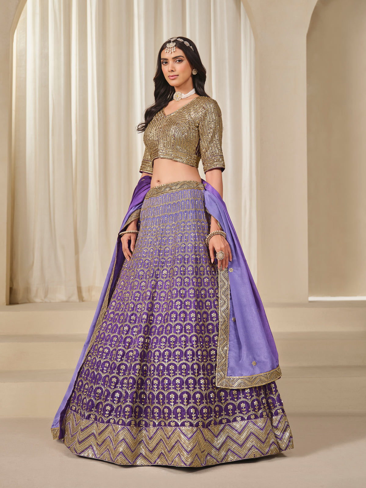 Violet Chinon Silk Sequins and Zari Work Lehenga Choli