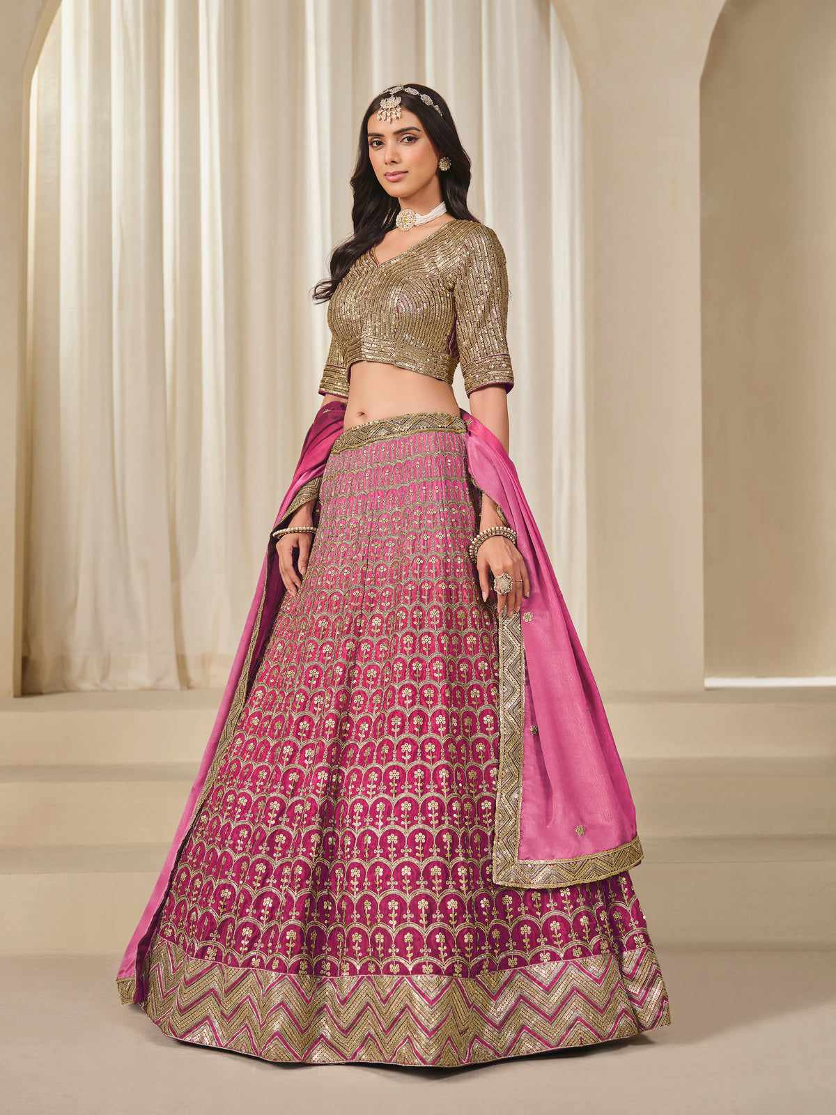 Hot Pink Chinon Silk Sequins and Zari Work Lehenga Choli