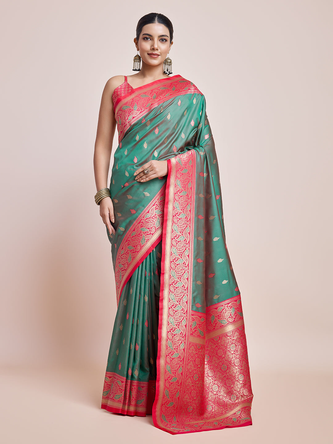 Green Banarasi Satin Silk Woven Trendy Saree