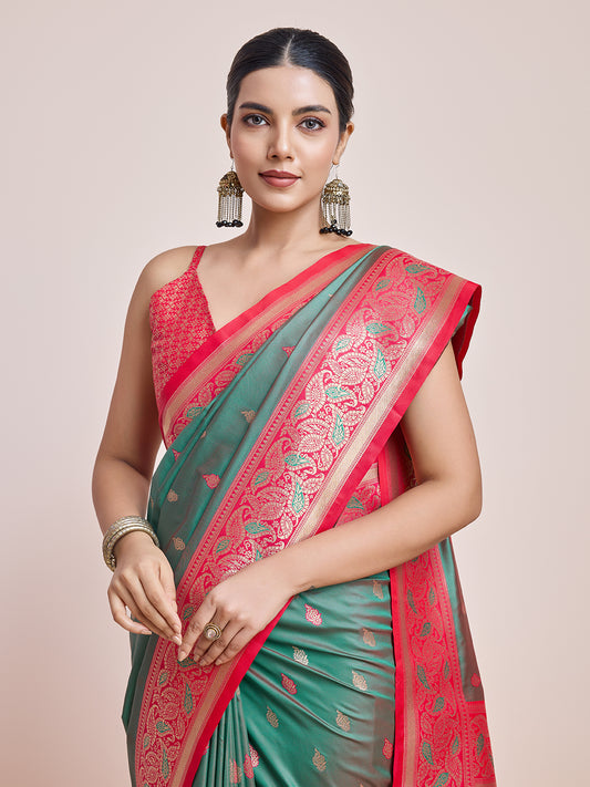 Green Banarasi Satin Silk Woven Trendy Saree