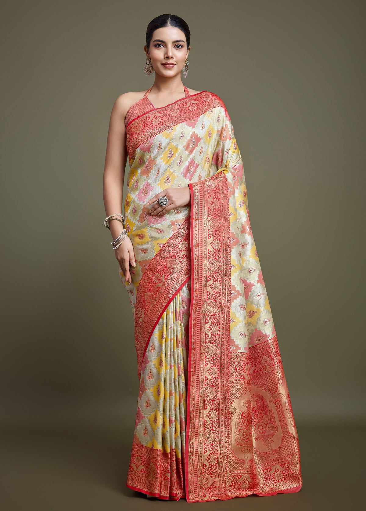 Red And Cream Banarasi Silk Woven Elegance Saree