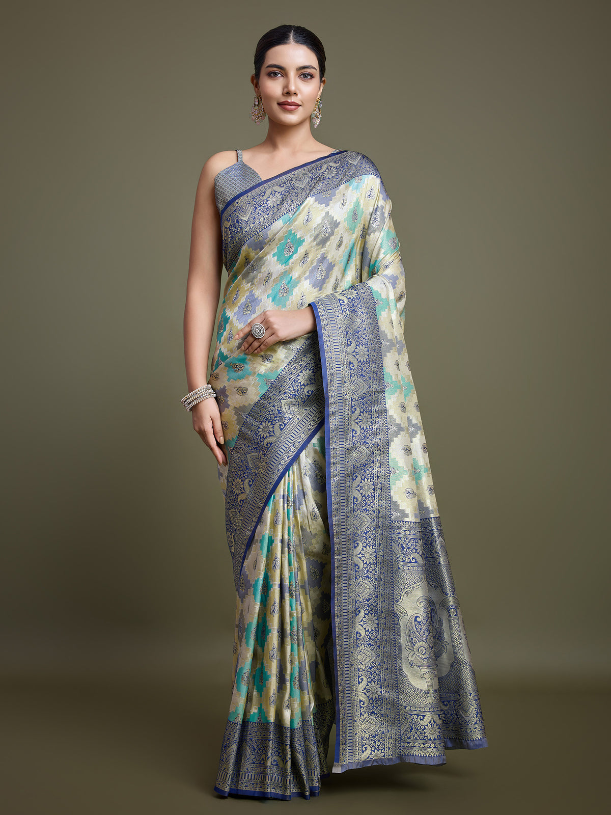 Navy Blue And Cream Banarasi Silk Zari Border Saree