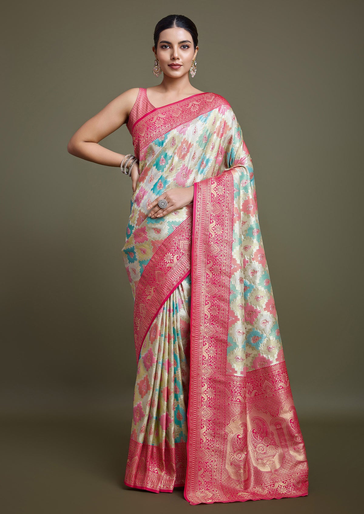 Pink And Cream Banarasi Silk Zari Traditonal Saree