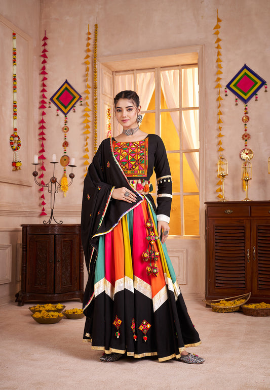 Viscose Cotton Navratri Readymade Lehenga Choli in Multi Color & Black