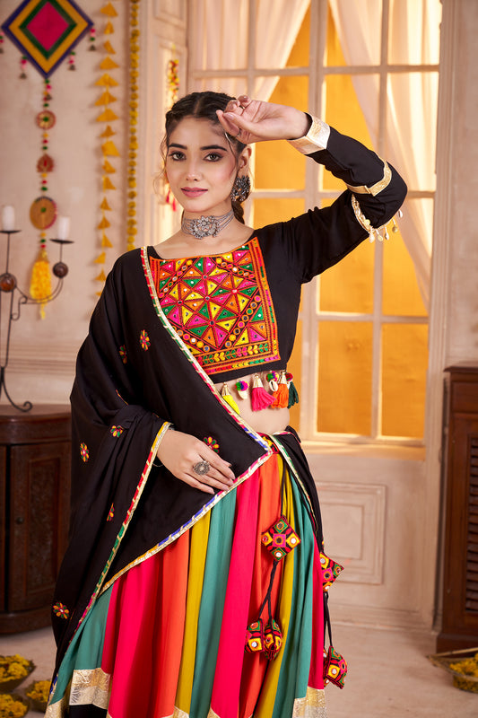 Viscose Cotton Navratri Readymade Lehenga Choli in Multi Color & Black