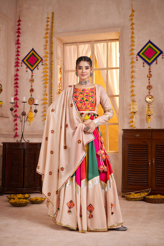 Viscose Cotton Navratri Readymade Lehenga Choli in Multi Color & Beige