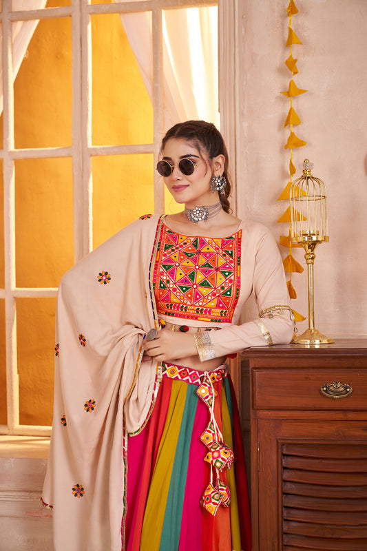 Viscose Cotton Navratri Readymade Lehenga Choli in Multi Color & Beige