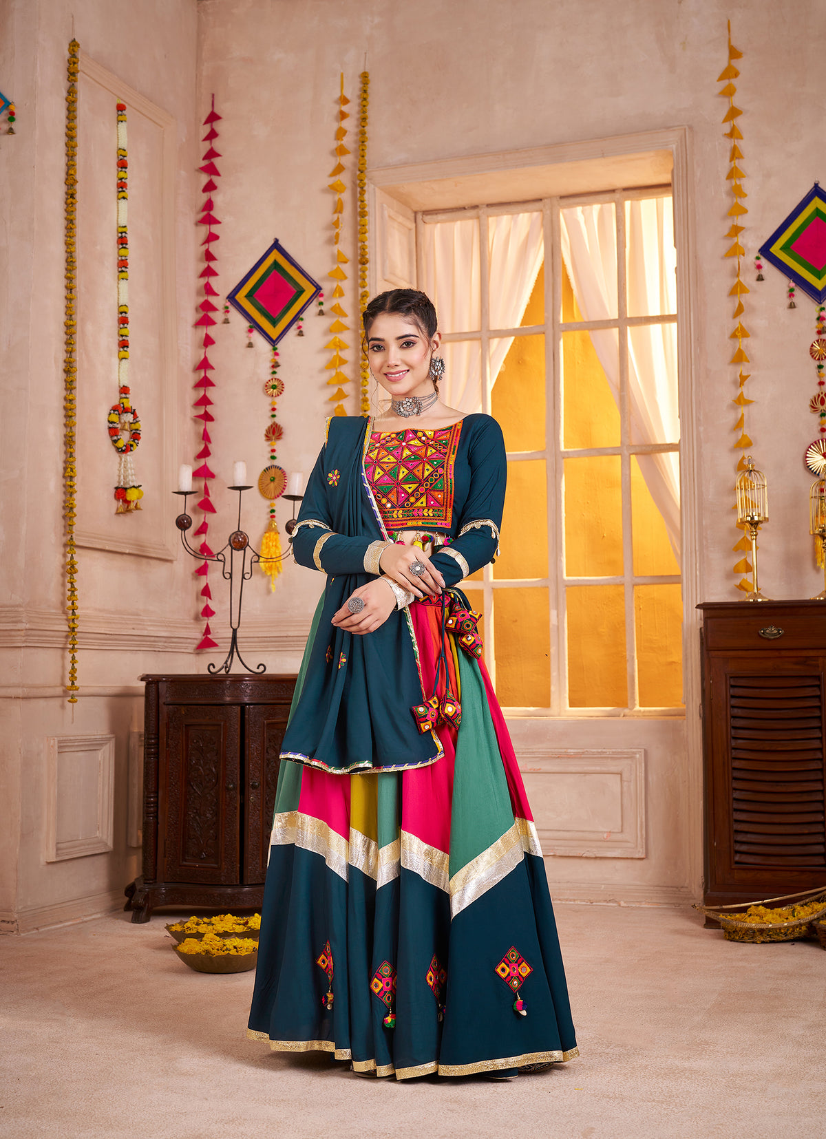 Viscose Cotton Navratri Readymade Lehenga Choli in Multi Color & Teal blue