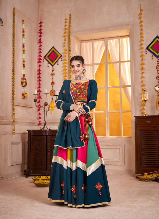 Viscose Cotton Navratri Readymade Lehenga Choli in Multi Color & Teal blue