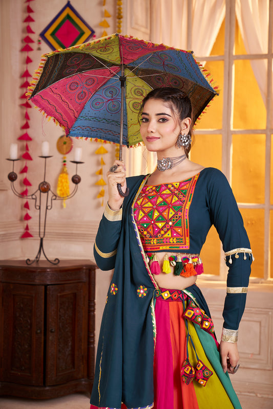Viscose Cotton Navratri Readymade Lehenga Choli in Multi Color & Teal blue