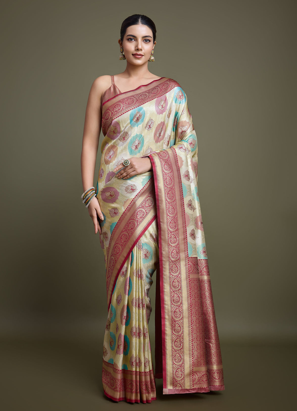 Maroon And Cream Banarasi Silk Jacquard weaving work Saree