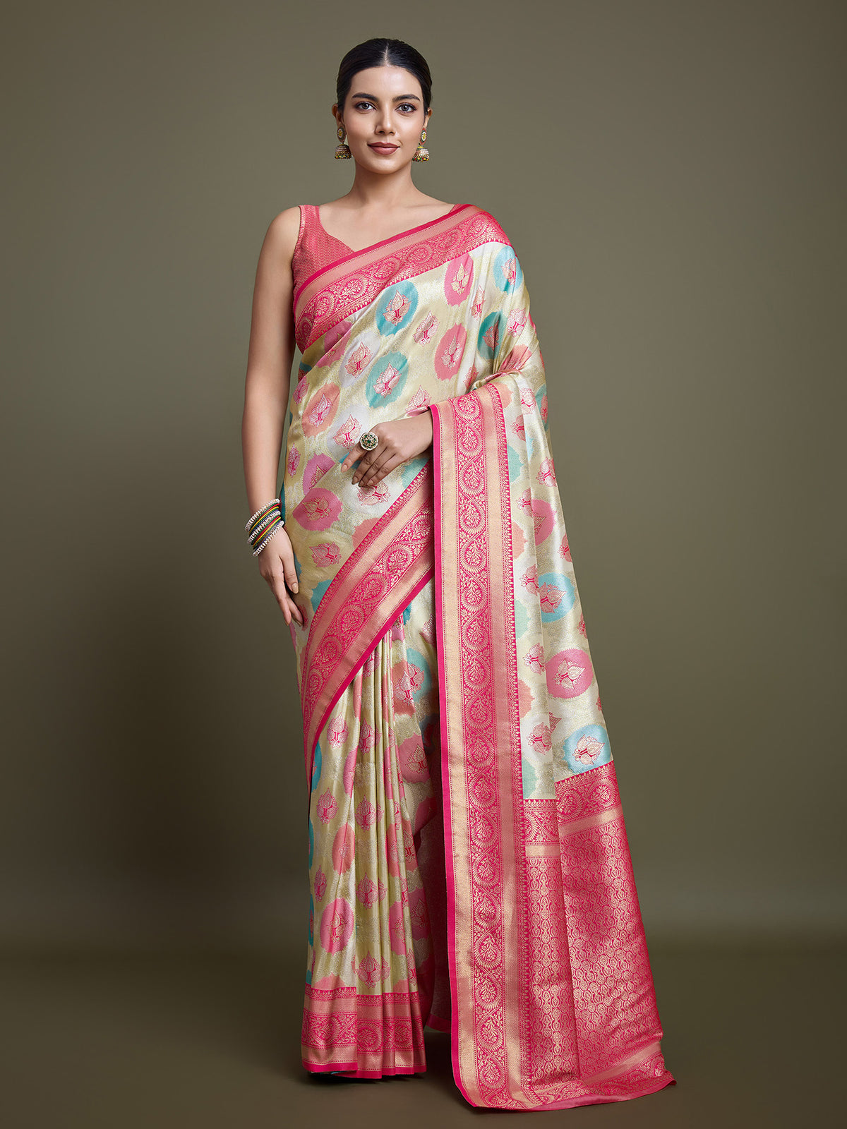 Pink And Cream Banarasi Silk Weaving Traditional Saree