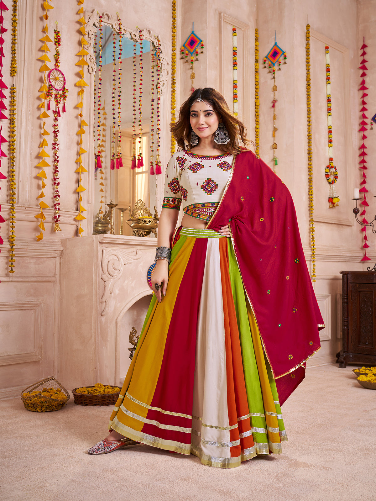 Multi Color Viscose Cotton Navratri Lehenga Choli With Kutchi And Mirror Work