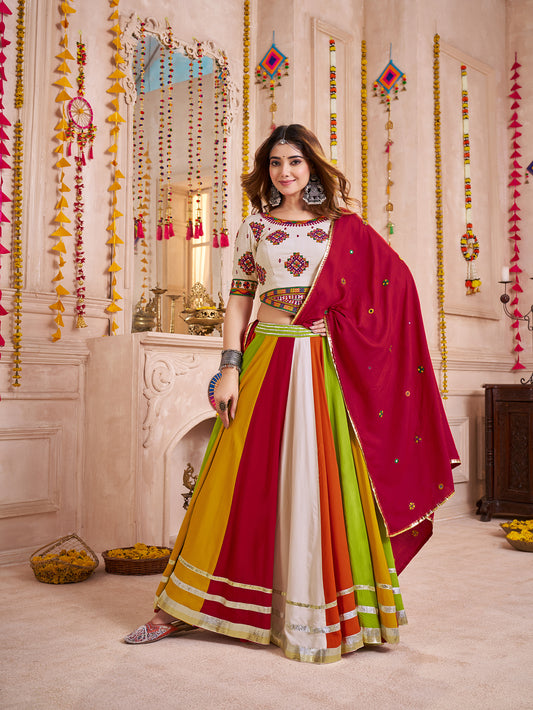 Multi Color Viscose Cotton Navratri Lehenga Choli With Kutchi And Mirror Work