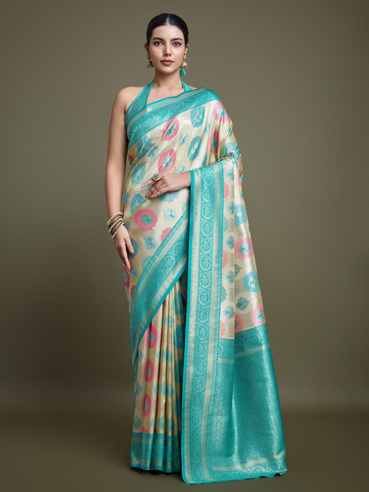 Turquoise And Cream Banarasi Silk Weaving Beautiful Saree