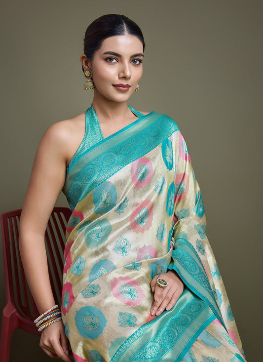 Turquoise And Cream Banarasi Silk Weaving Beautiful Saree - Monjolika Fashion