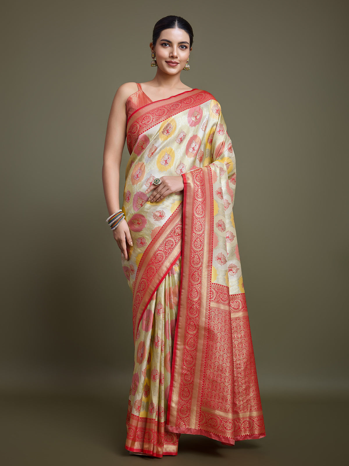 Red And Cream Banarasi Silk Weaving Beautiful Saree