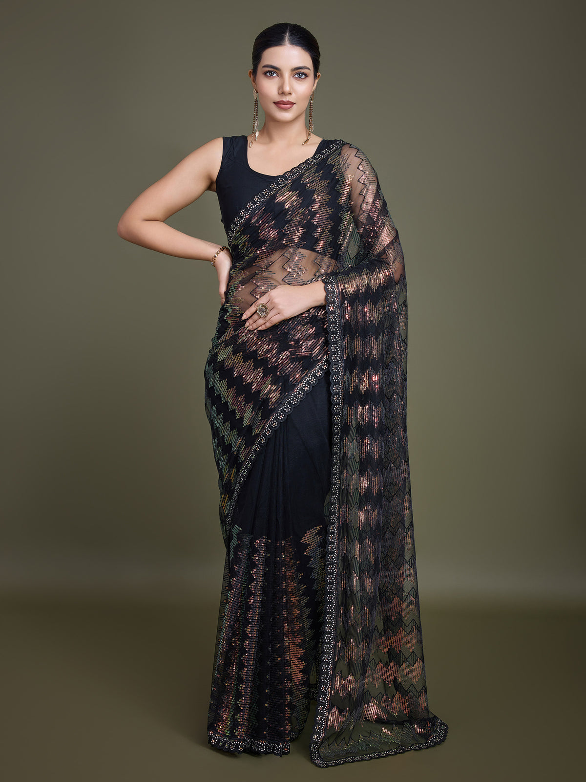 Black Net Sparkling Sequin Stunning Saree - Monjolika Fashion