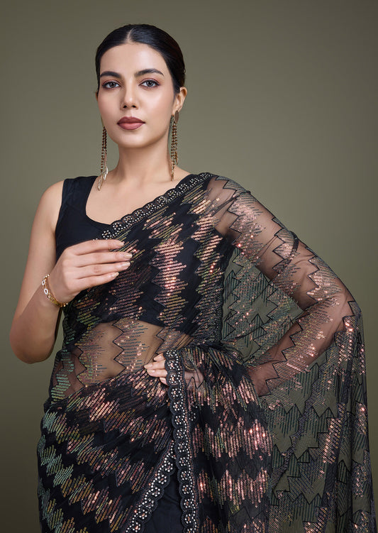 Dark Pink Net Sparkling Sequin Party Wear Saree