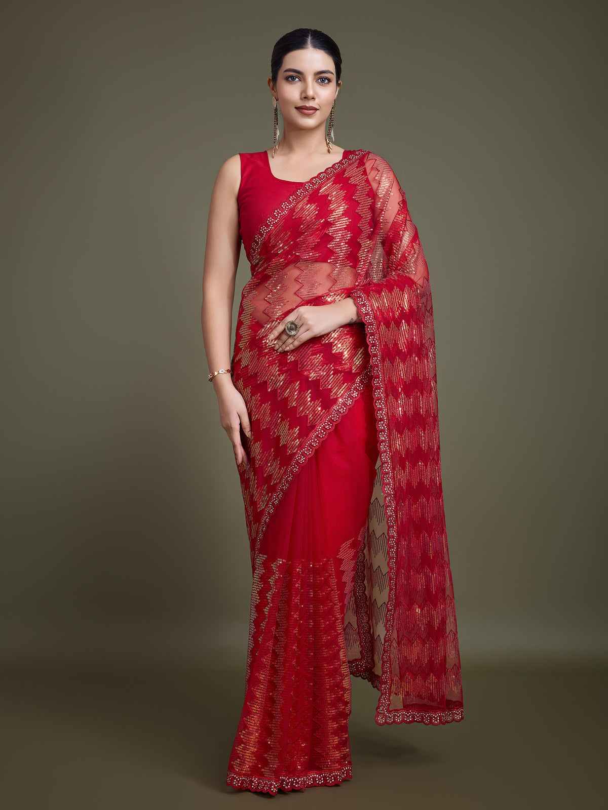 Red Soft Net Sequin Work Sparkling Saree