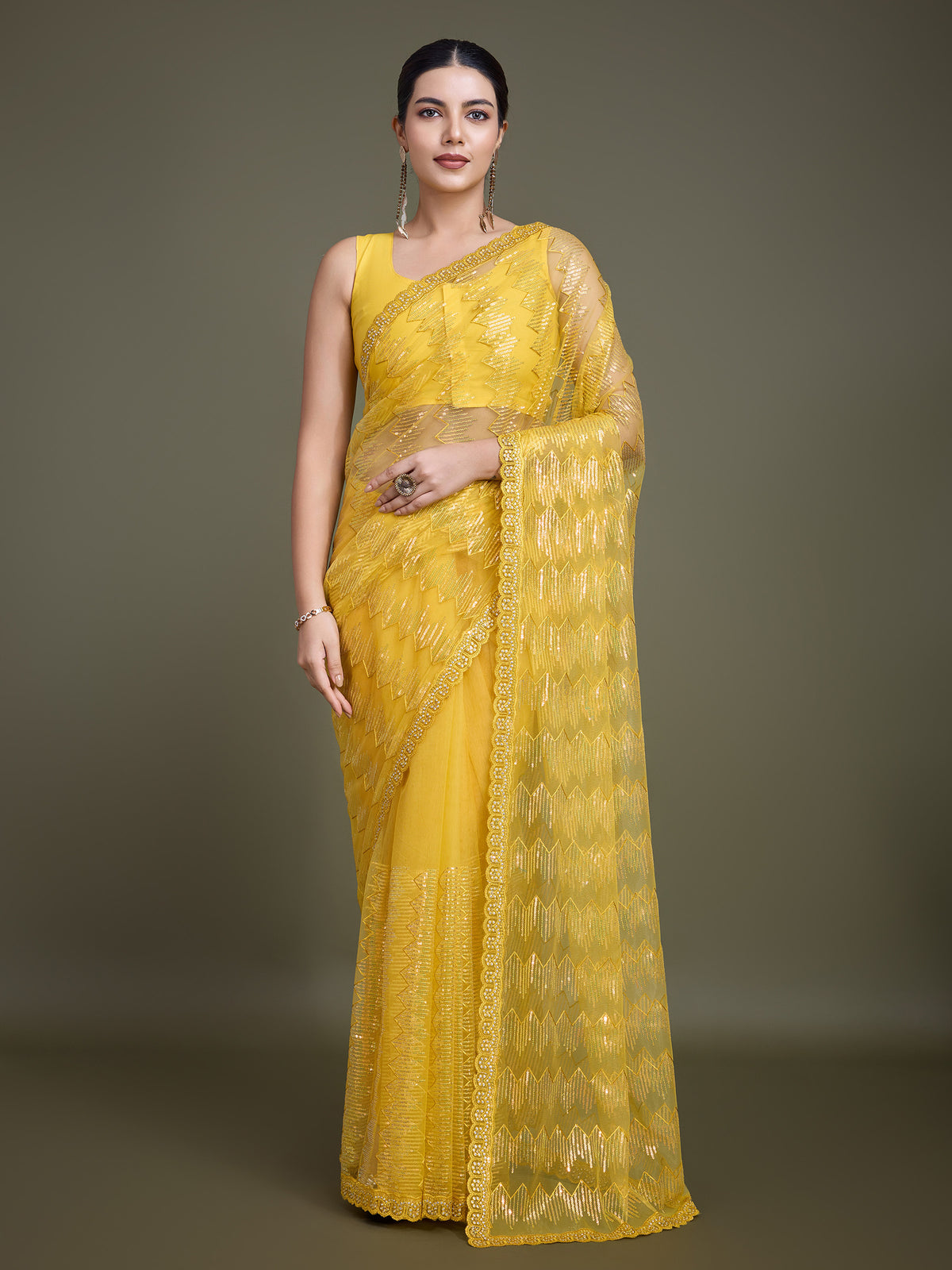 Yellow Soft Net Sequin Party Wear Saree