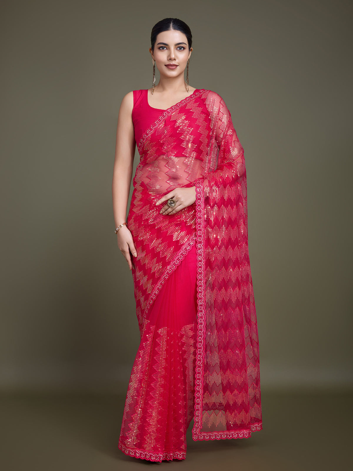 Dark Pink Net Sparkling Sequin Party Wear Saree
