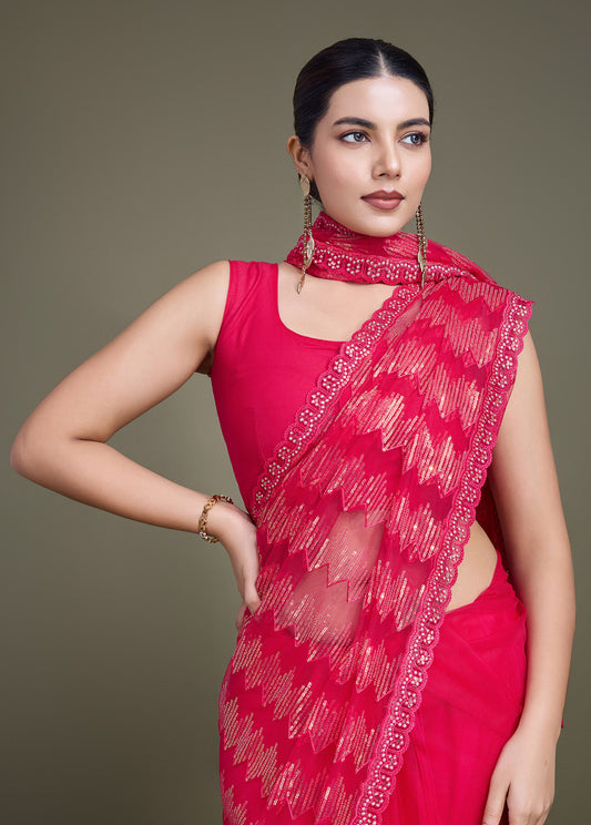 Dark Pink Net Sparkling Sequin Party Wear Saree