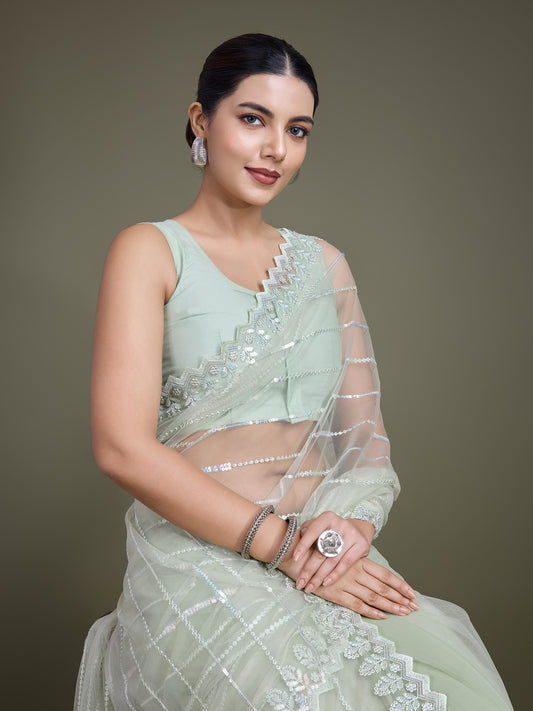 Light Green Soft Net Sequin Work Stunning Saree