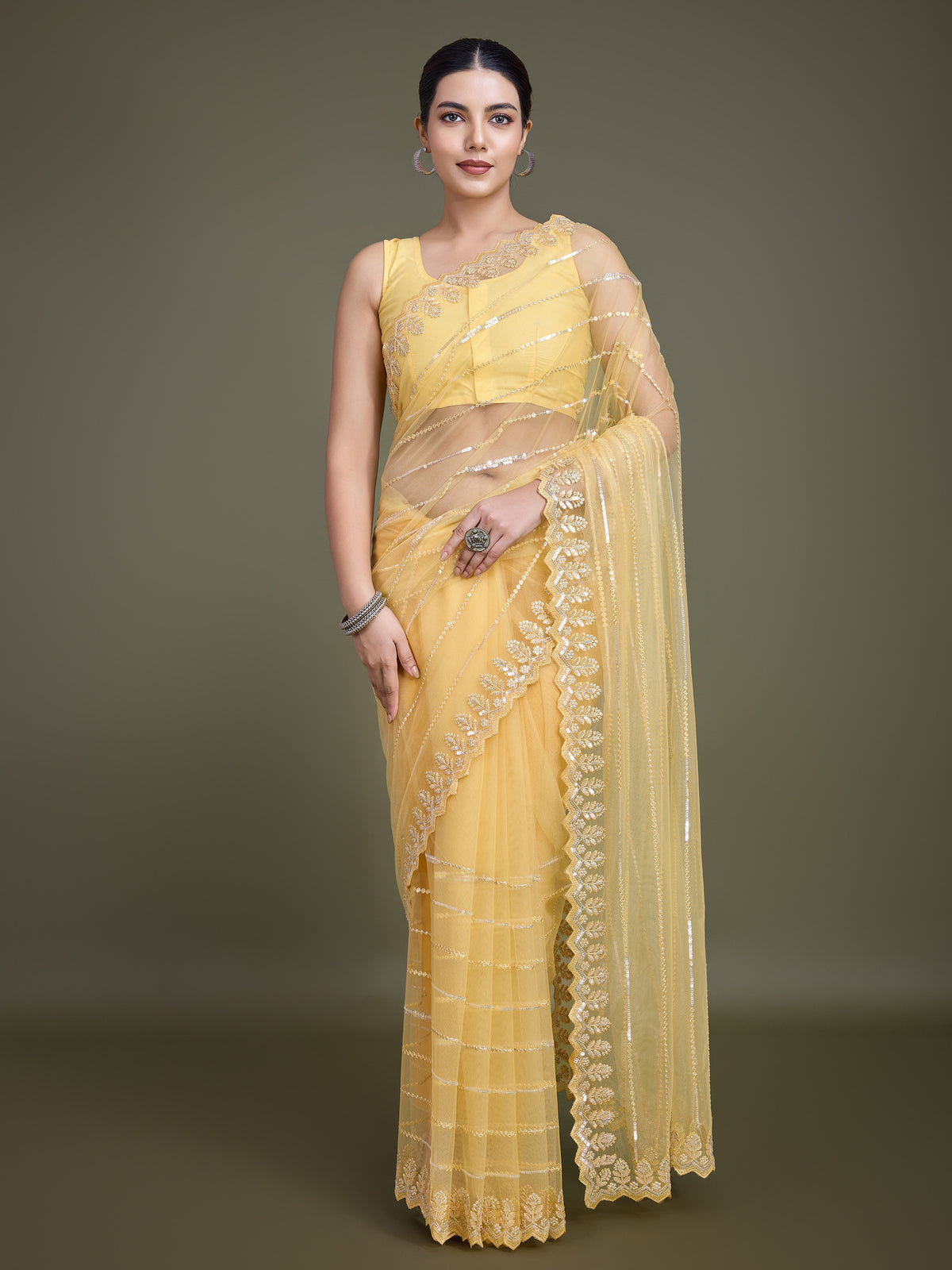Yellow Soft Net Sequin Work Party Wear Saree