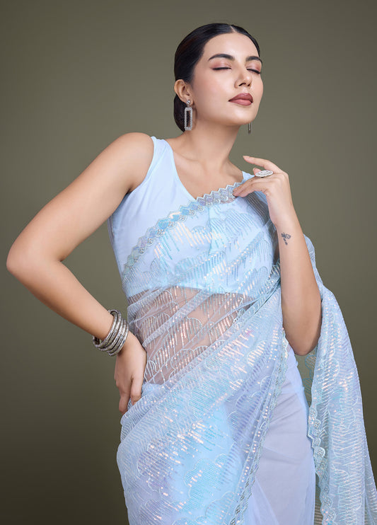 Sky blue Soft Net Sequins Partywear Saree