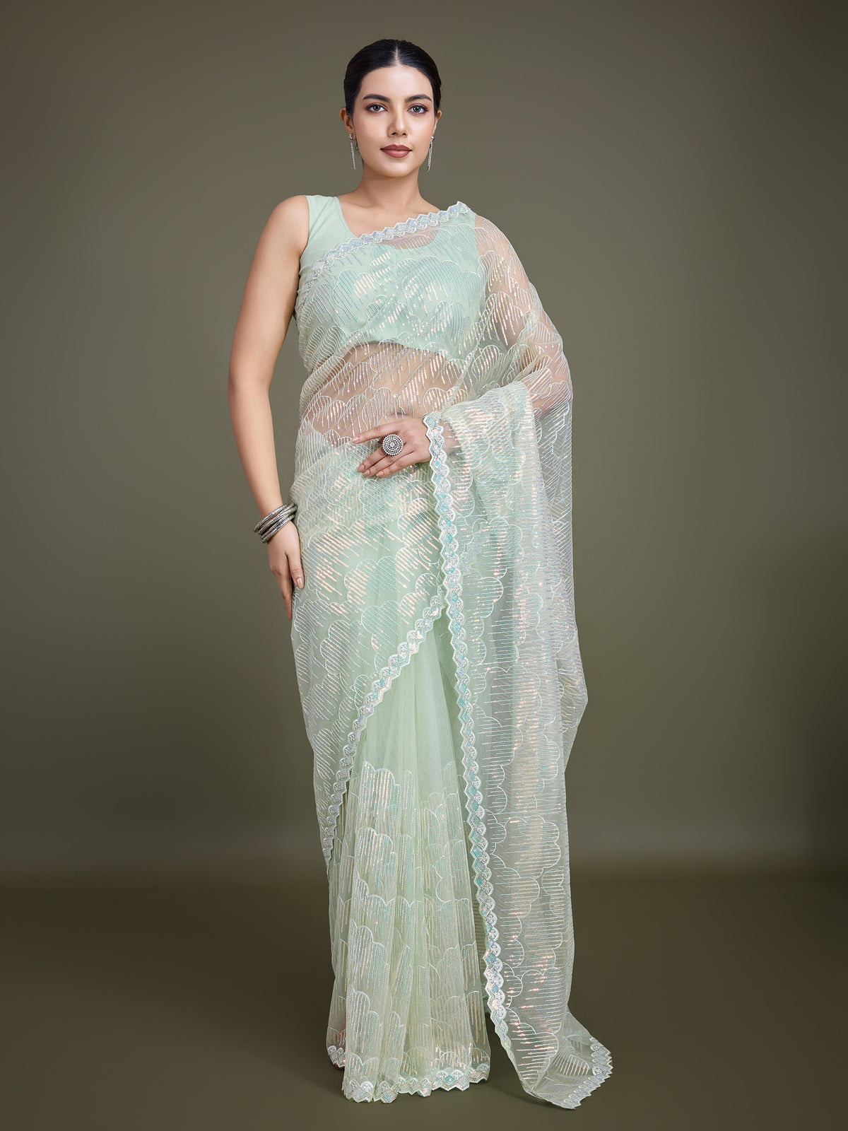 Light Green Soft Net  Sequins Partywear Saree