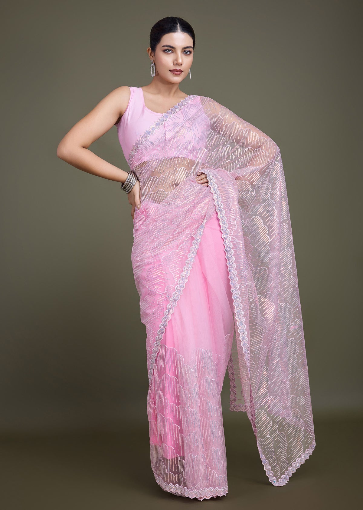 Light Pink Soft Net Sequins Partywear Saree