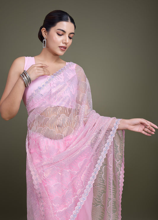 Light Pink Soft Net Sequins  Partywear Saree