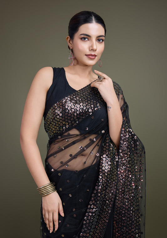 Black Soft Net  Sequins Work Designer Saree