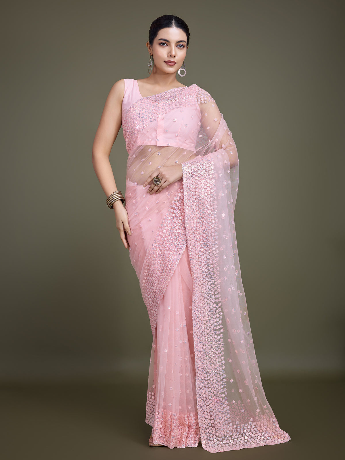 Light Pink Soft Net  Sequins Designer Saree