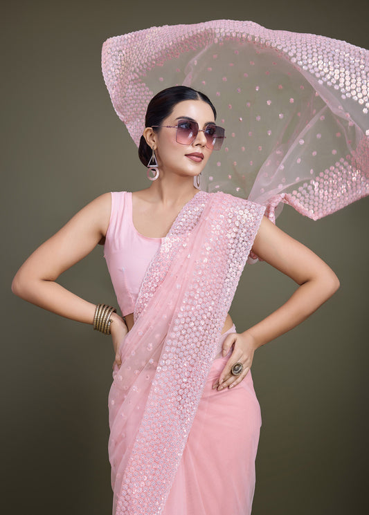 Light Pink Soft Net  Sequins Designer Saree