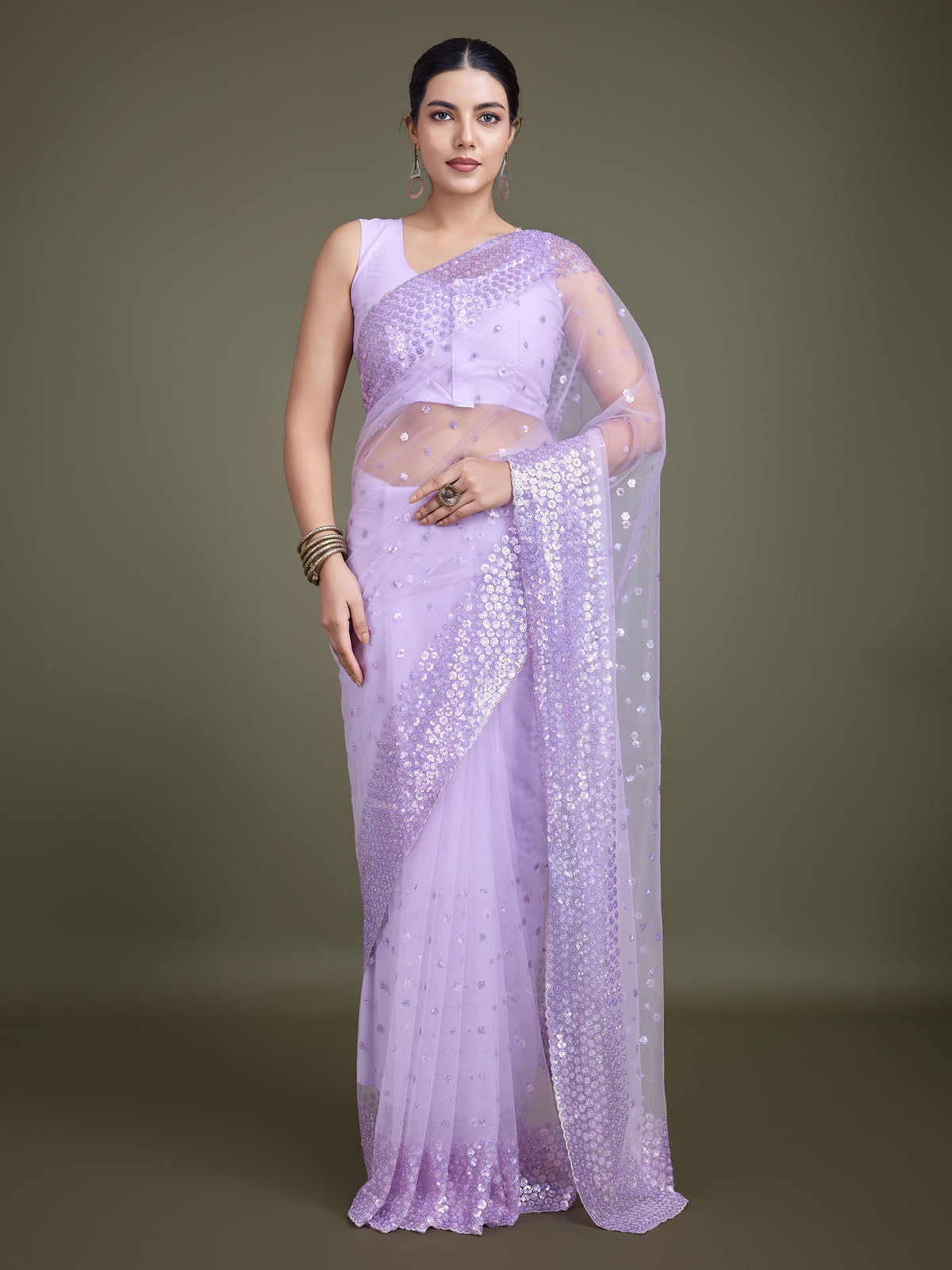 Lavender Soft Net Sequins  Designer Saree