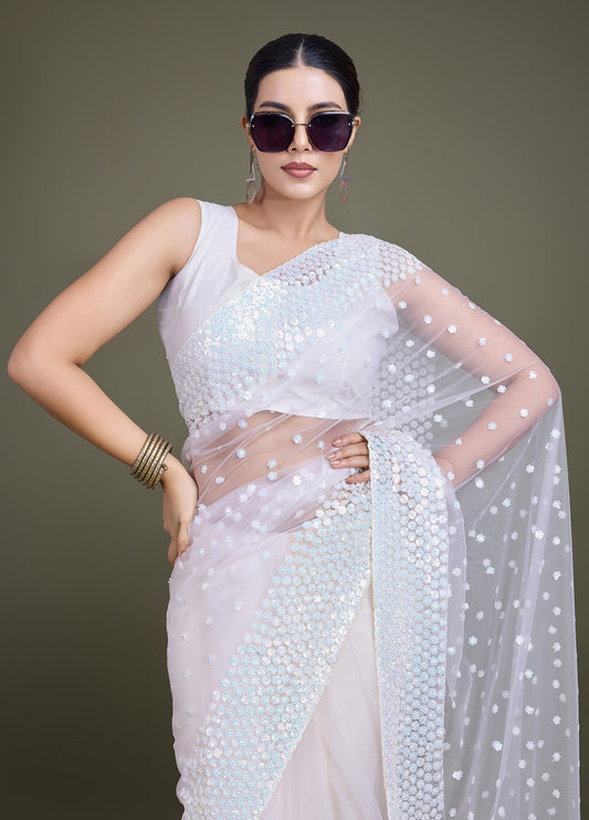 Off White Soft Net Sequins Designer Saree