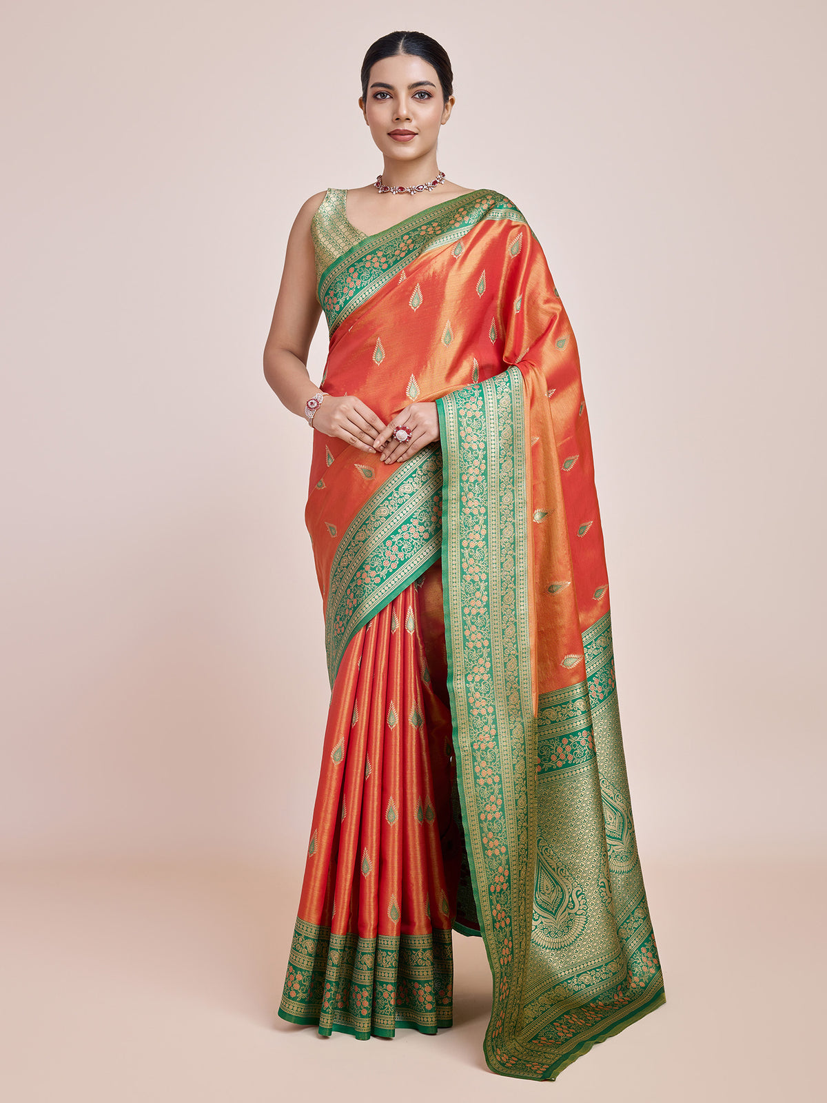 Orange Banarasi Tissue Silk Reception Wear Saree