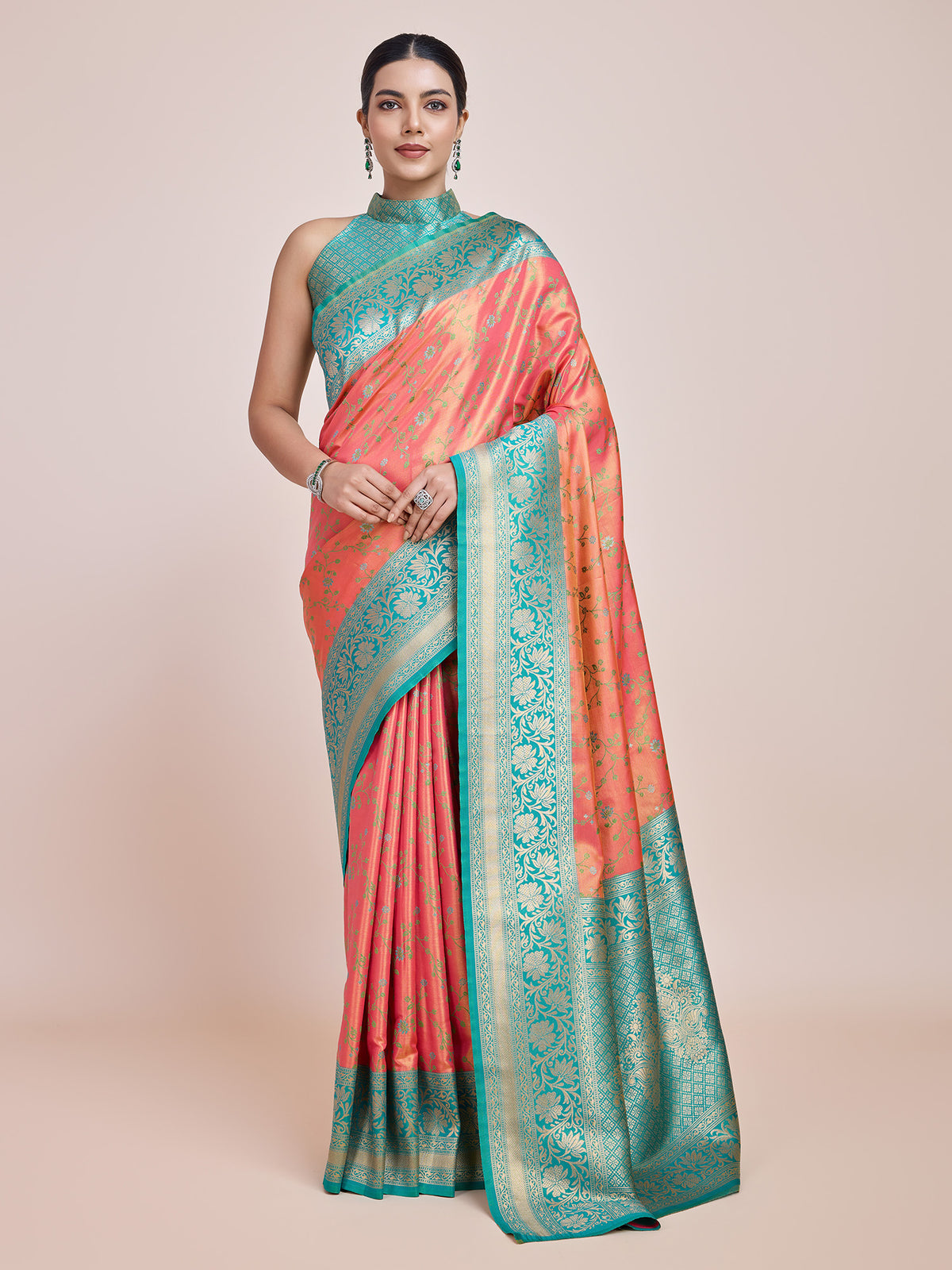 Peach Banarasi Tissue Silk Woven Ceremony Saree