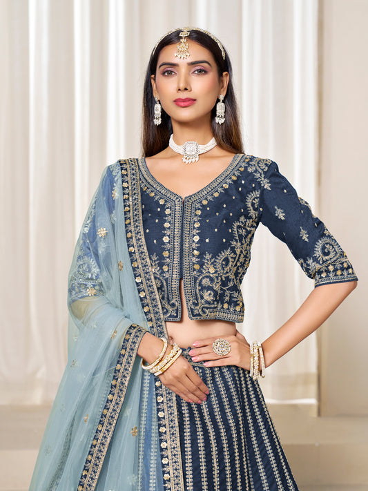 Embroidered Navy blue Art Silk Designer Long Lehenga Choli